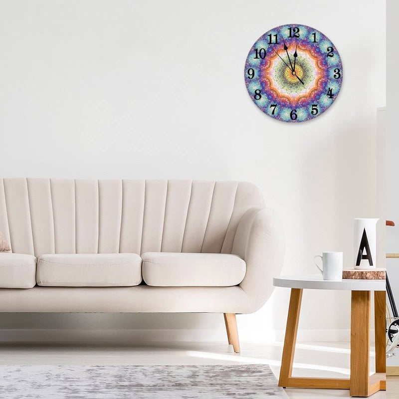 Abucaky Mandala Wall Clock Battery Operated Silent Non Ticking Round Clock Bohemian Peacock Feathers Wall Decor for Home, Office, School 9.8 Inch - Image 2